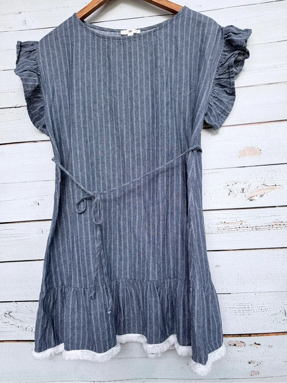 bp Blue Stripe Ruffle Sleeve Tie-Waist Dress